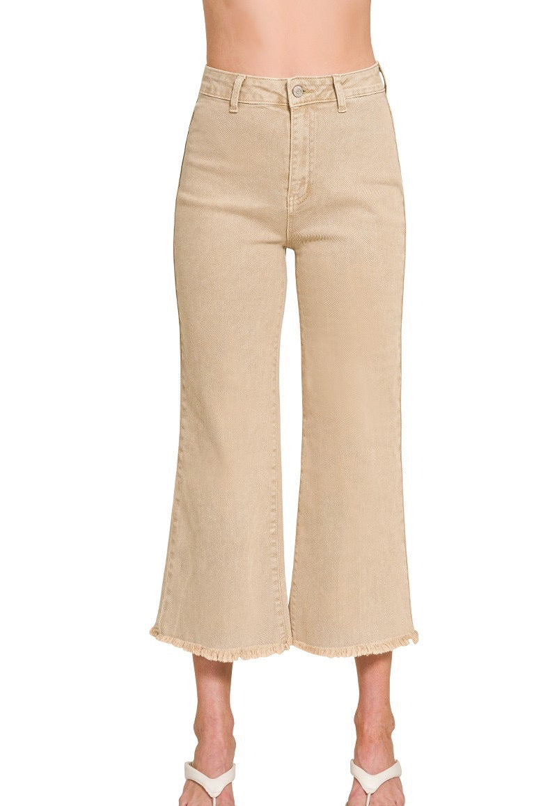 Acid Washed High Waist Frayed Hem Straight Pants