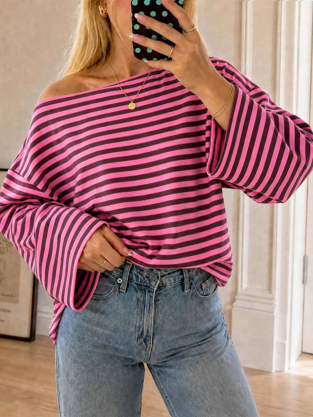 Round neck striped contrasting long sleeved Top