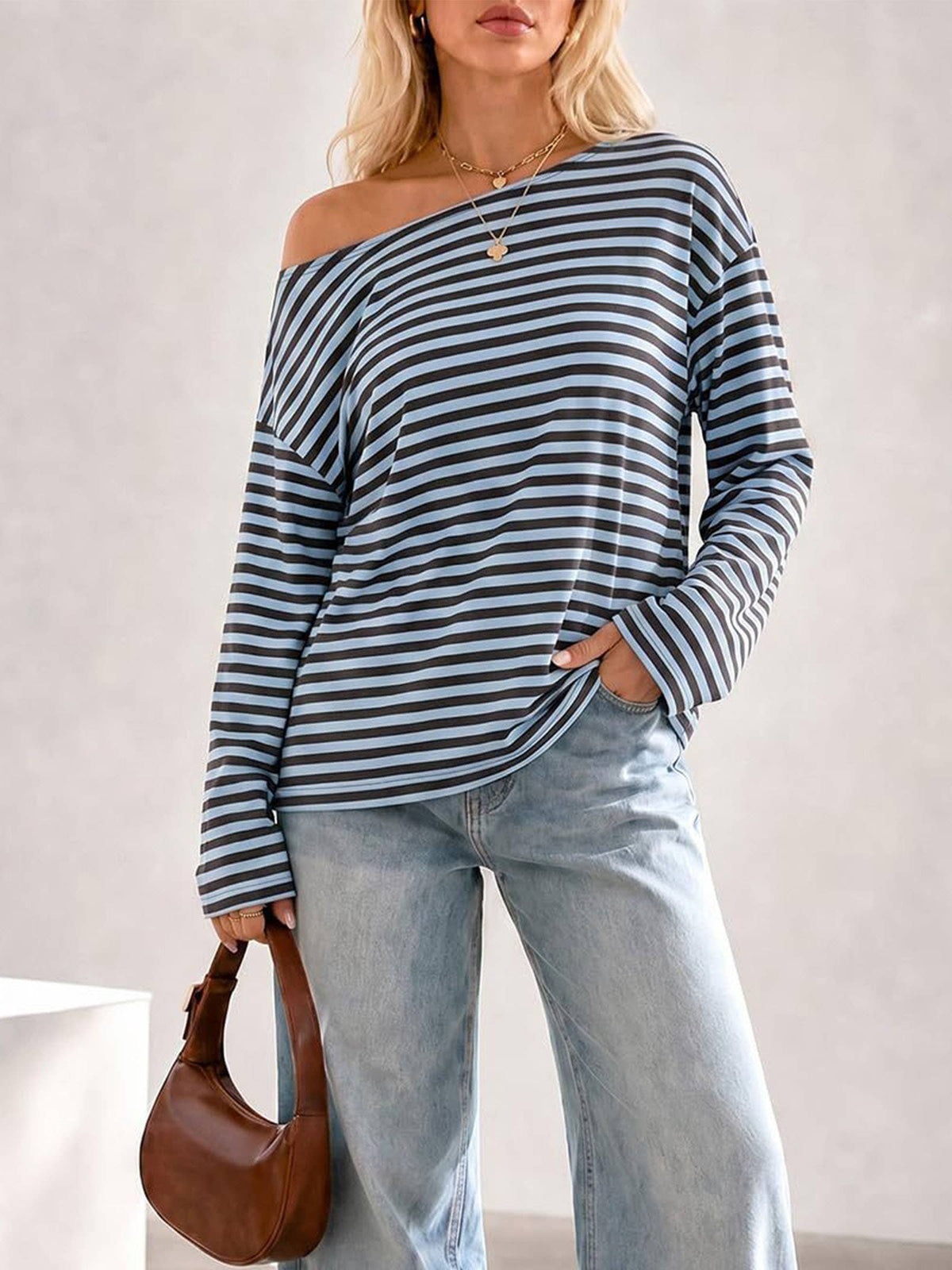 Round neck striped contrasting long sleeved Top