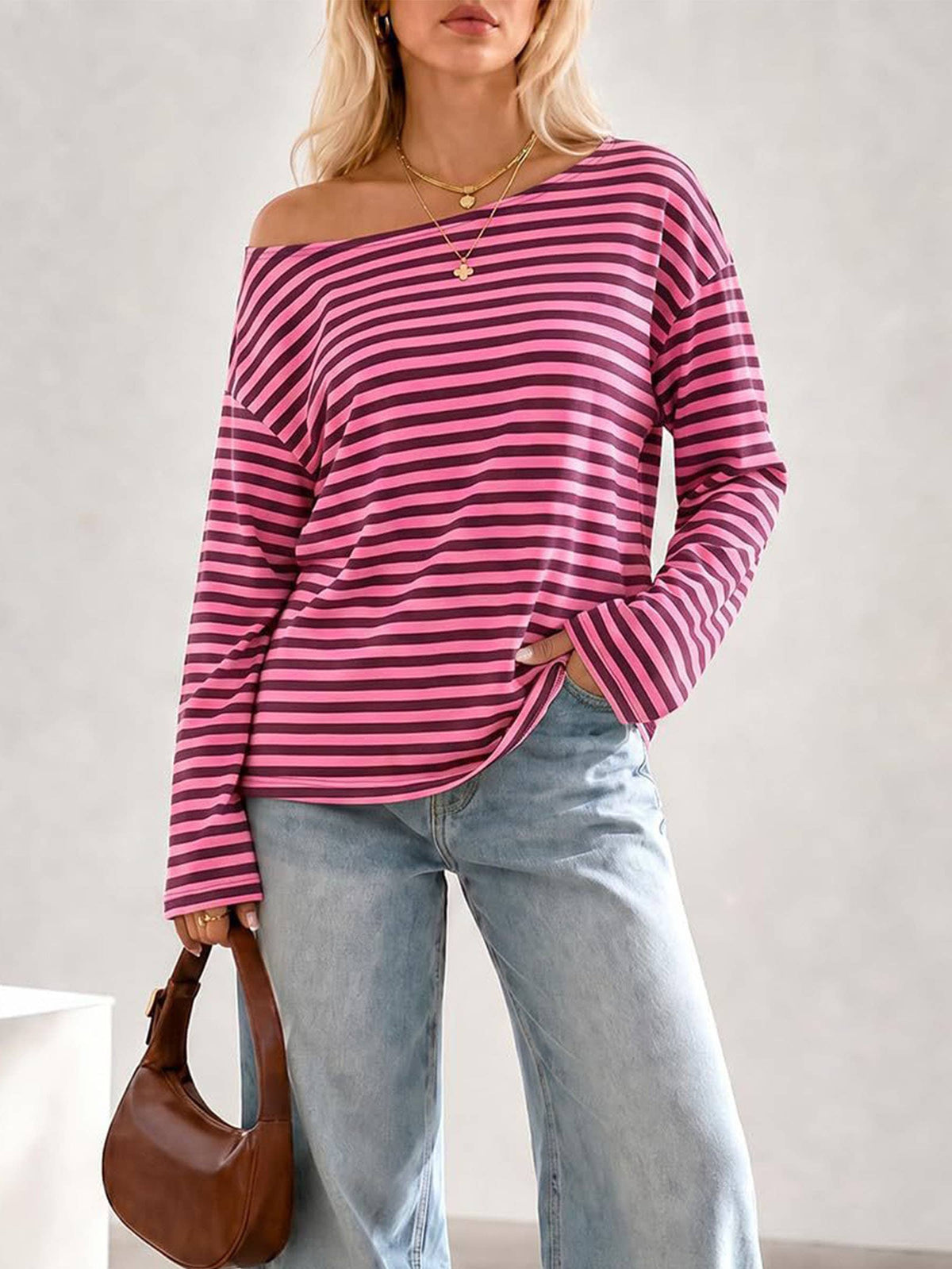 Round neck striped contrasting long sleeved Top